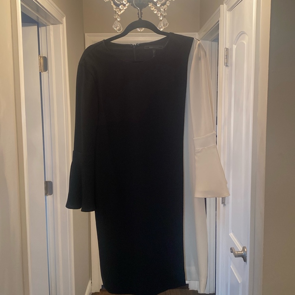 BCBG black and white color block long sleeve cocktail dress